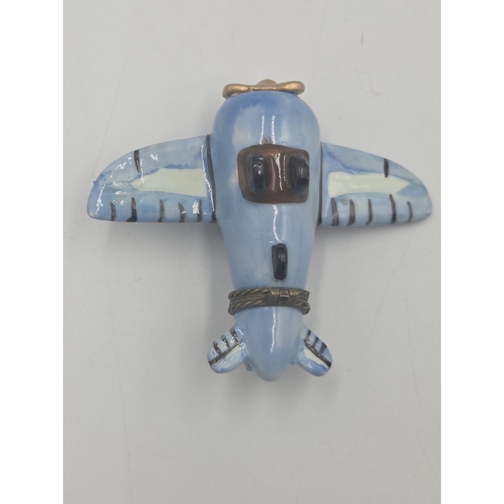 Vintage Airplane Pill Trinket Box Ceramic Aviation Keepsake Clasp Blue White - Picture 6 of 9